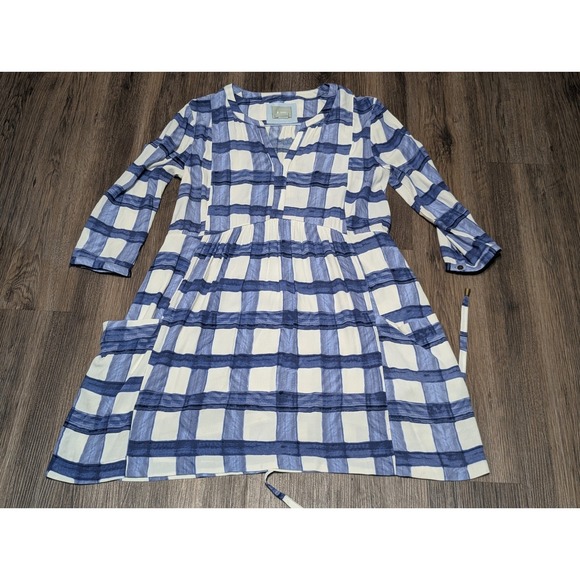 Maeve Anthropologie Blue White Plaid Dress Small 3/4 Sleeve Tie Waist - Picture 1 of 4